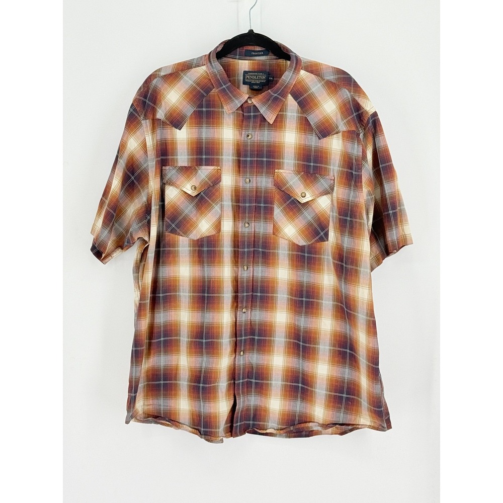 Pendleton Frontier Mens Western Plaid Pearl Snap Autumn Color Short Sleeve Shirt